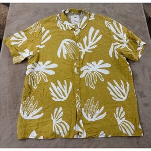 Folk Clothing Linen Blend Shirt Men XL Mustard Yellow Abstract Leaf Print EUC‎